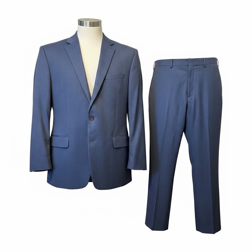 J.M. Haggar Men's Suit 44R 38x32 Blue Windowpane Plaid 2 Piece Classic Fit